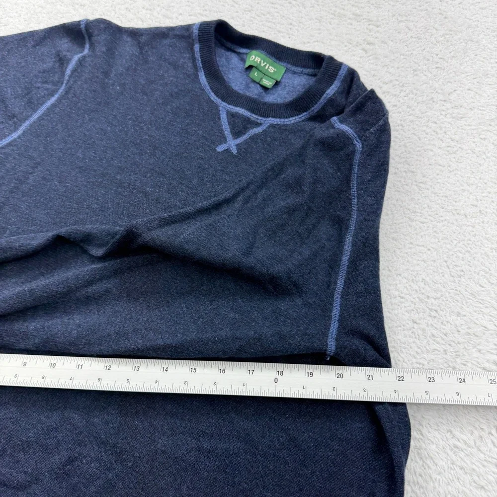 Orvis Mens Merino Wool Cotton Blend‎ Crewneck Sweater Navy Blue Heather Large